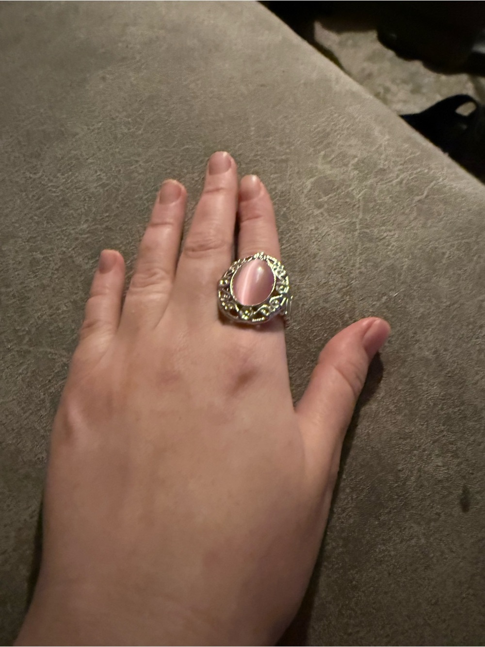 Silver-Tone Ring with Pink Cabochon Center